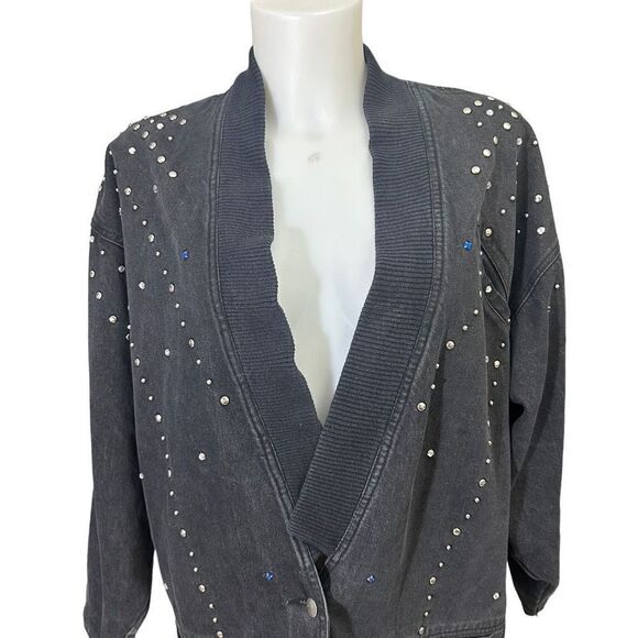 TRASH CLOTHING Vintage 90s Black Acid Washed‎ Studded & Beaded Denim Jacket sz L - Picture 2 of 9